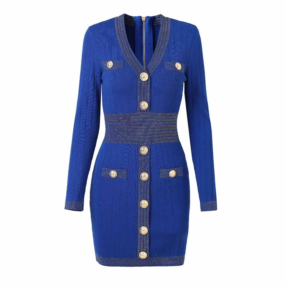 Women's long sleeve knitted minidress V-neck elegant dress with buttons