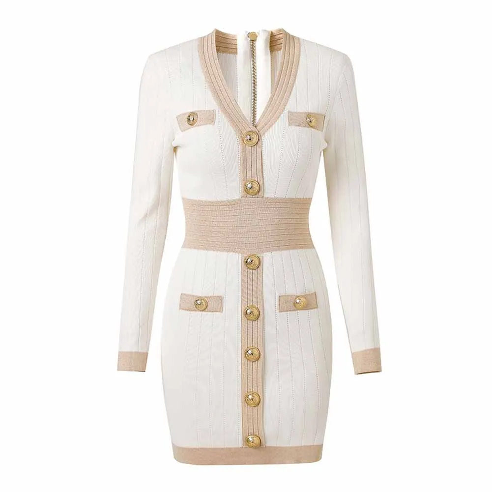 Women's long sleeve knitted minidress V-neck elegant dress with buttons