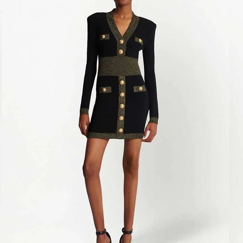 Women's long sleeve knitted minidress V-neck elegant dress with buttons