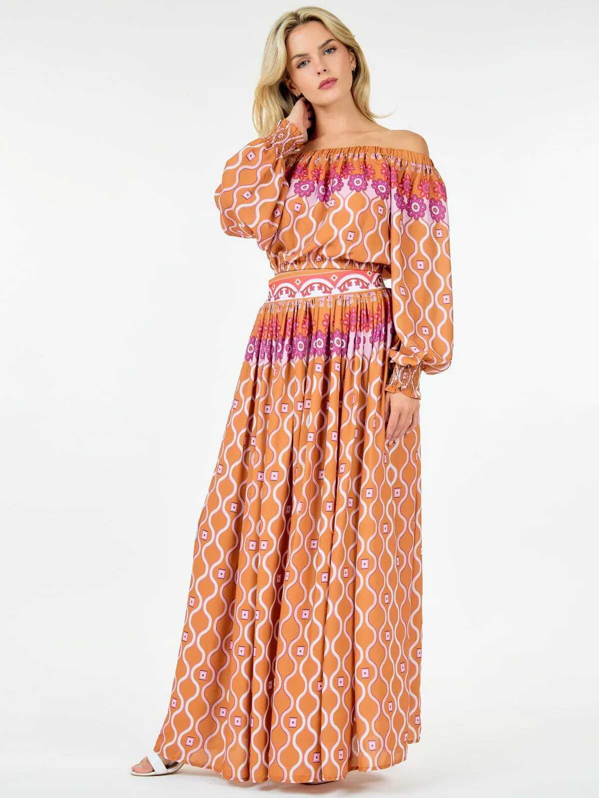 WOMEN'S LONG SLEEVE TOP & MAXI SKIRT MULTI PRINT SET