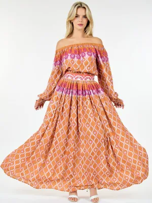 WOMEN'S LONG SLEEVE TOP & MAXI SKIRT MULTI PRINT SET