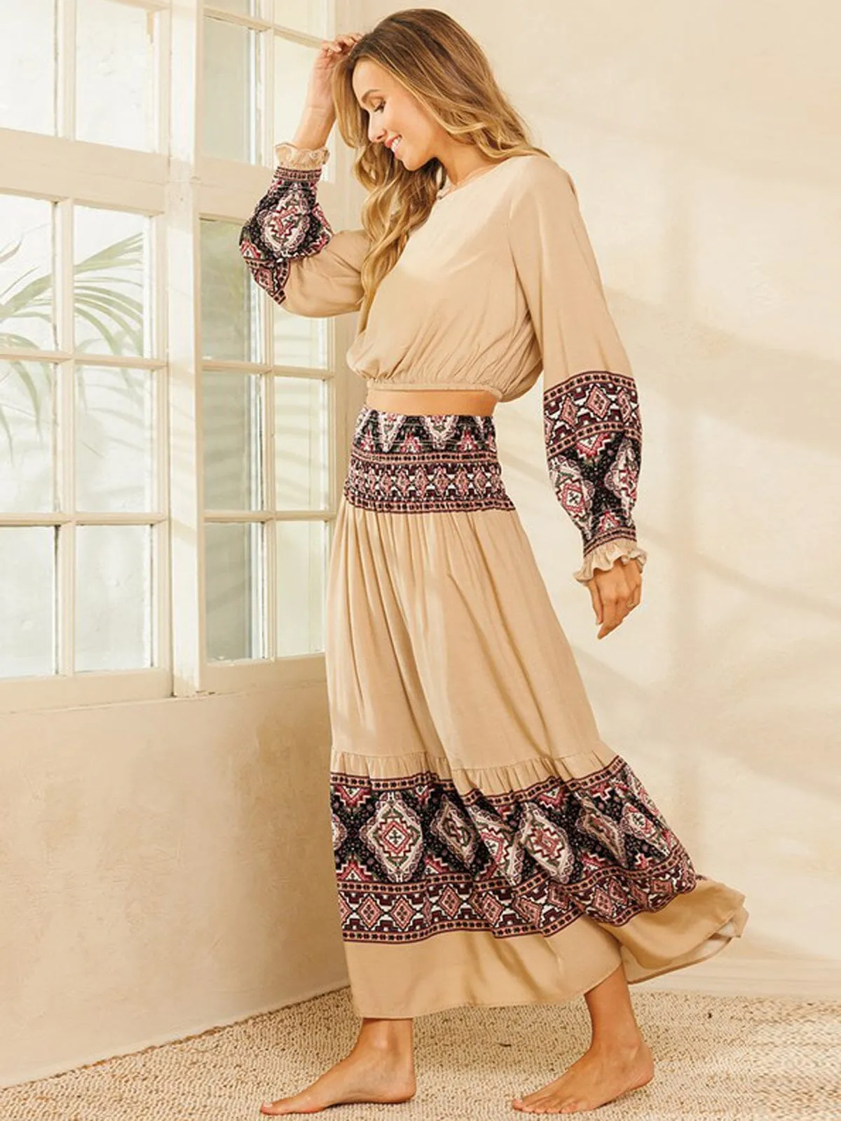 WOMEN'S LONG SLEEVE TOP & MAXI SKIRT MULTI PRINT SET