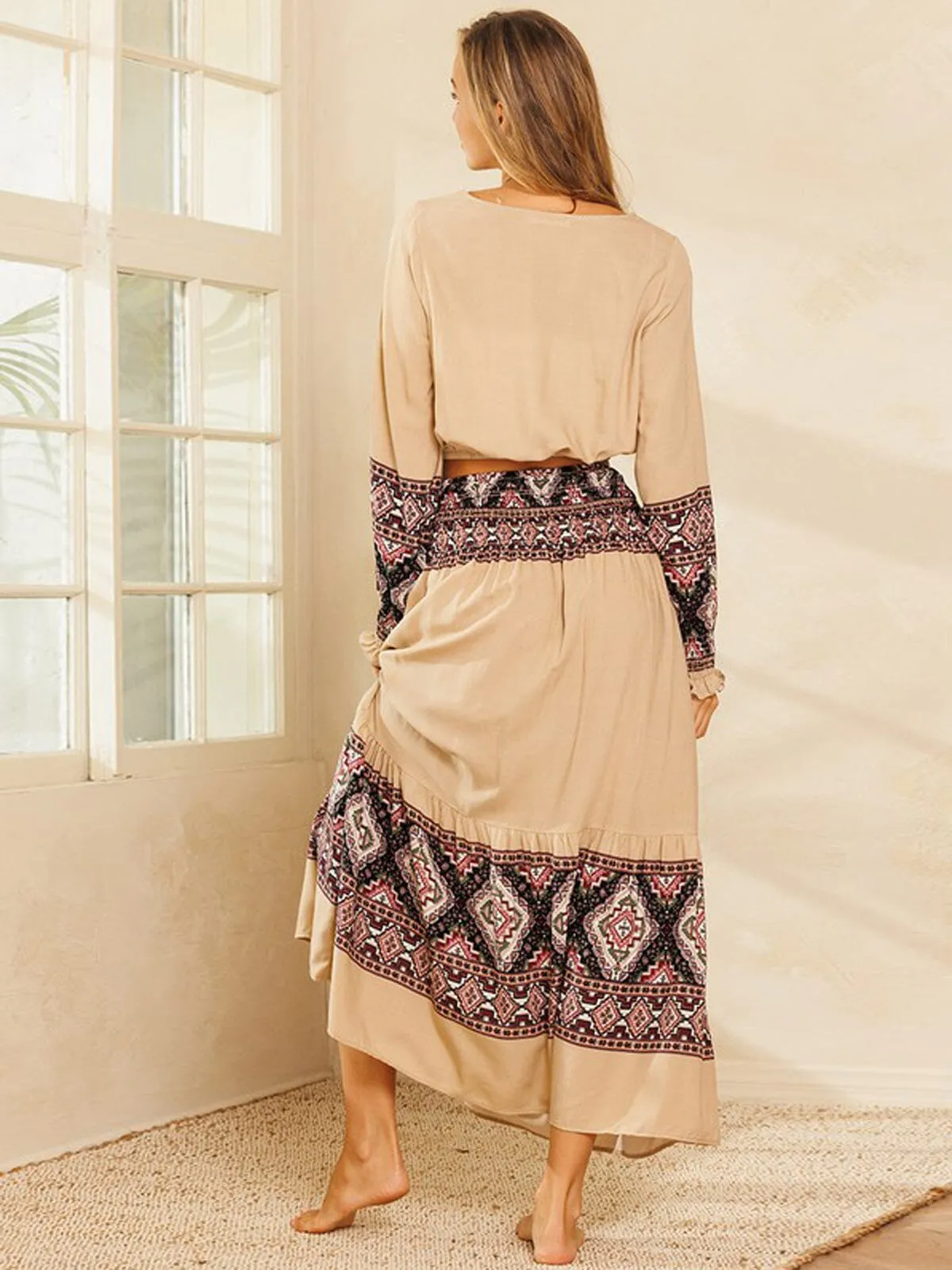 WOMEN'S LONG SLEEVE TOP & MAXI SKIRT MULTI PRINT SET