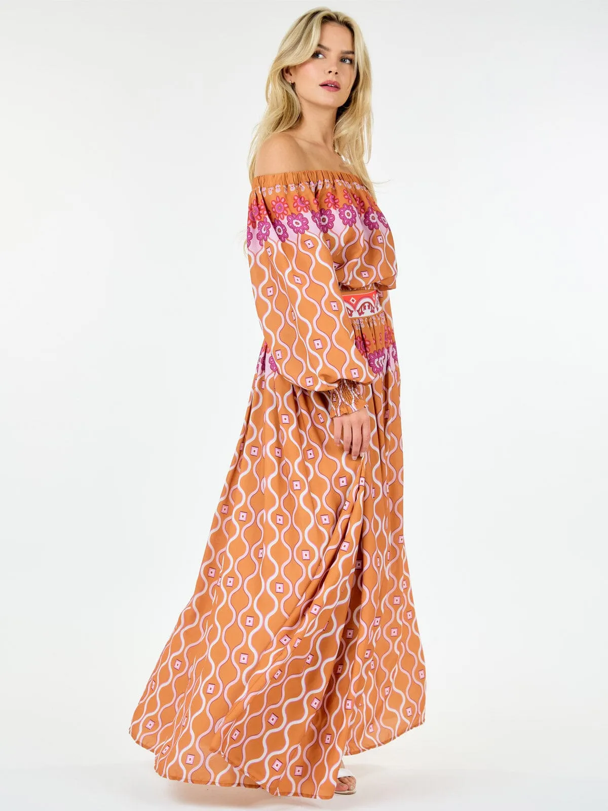 WOMEN'S LONG SLEEVE TOP & MAXI SKIRT MULTI PRINT SET