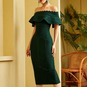Women's Off Shoulder Ruched Bodycon Wedding Guest Cocktail Party Formal Dress