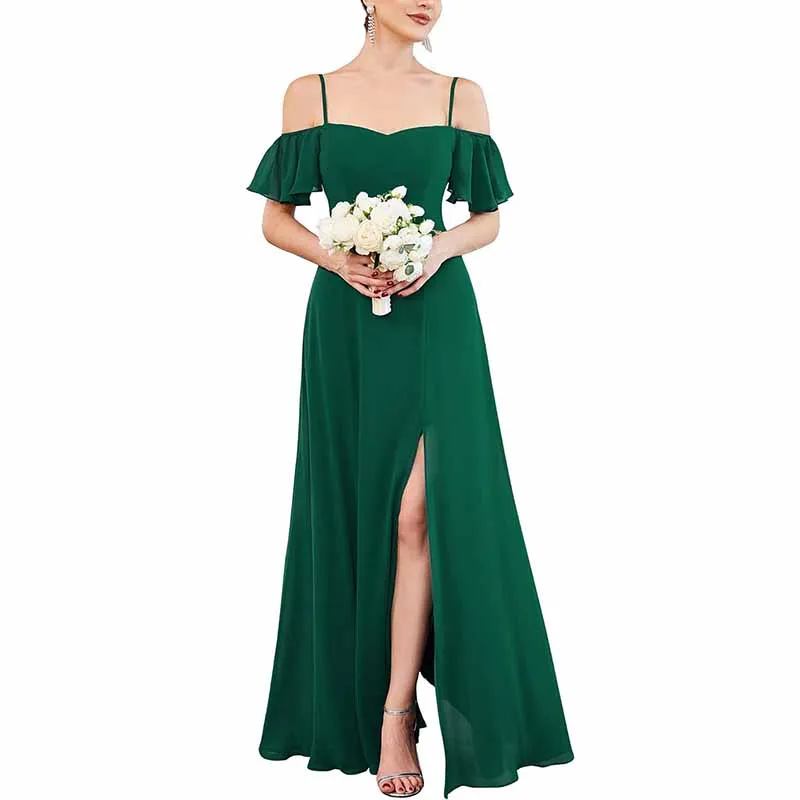Women's Off Shoulder Short Sleeve Split A-Line Floor Length Bridesmaid Dresses