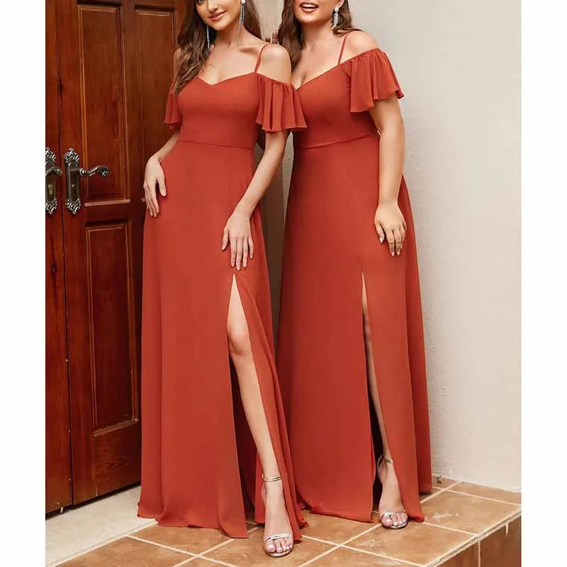 Women's Off Shoulder Short Sleeve Split A-Line Floor Length Bridesmaid Dresses