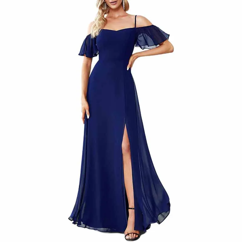 Women's Off Shoulder Short Sleeve Split A-Line Floor Length Bridesmaid Dresses