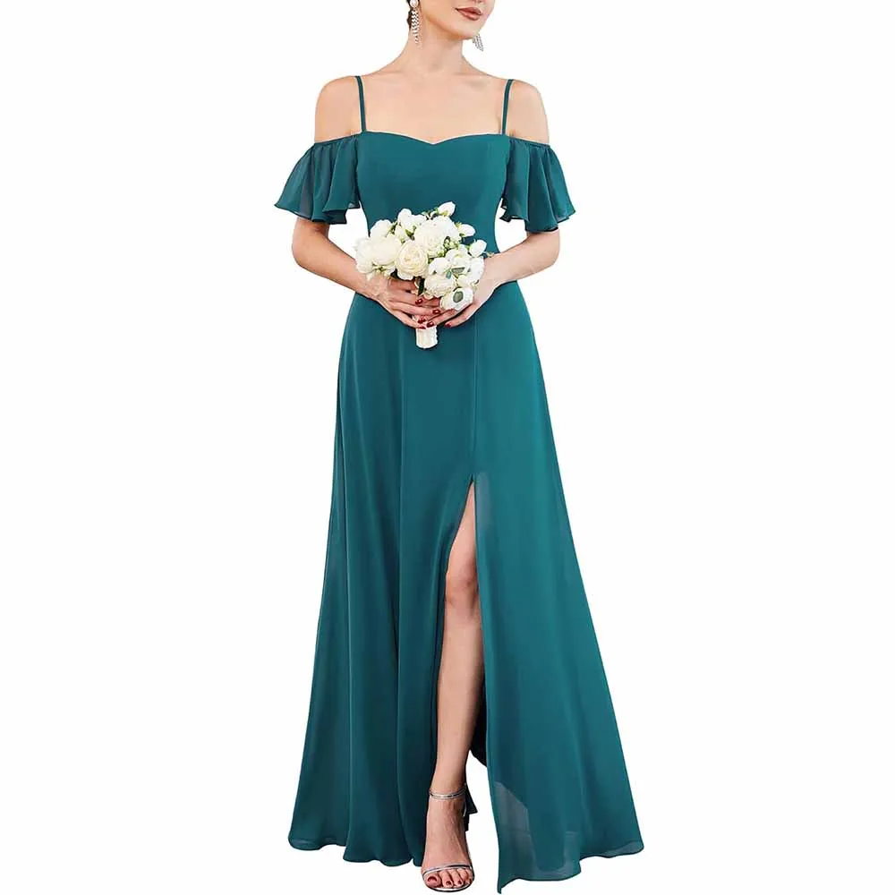 Women's Off Shoulder Short Sleeve Split A-Line Floor Length Bridesmaid Dresses