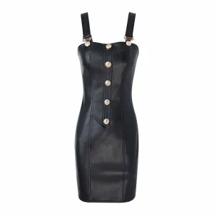 Womens PU Faux Leather Overalls Gold Buttons Dress Black Suspender Skirt