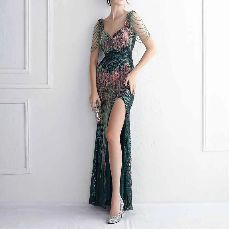 Women's Sexy Bodycon Sequin Gown Evening Dress with Slit