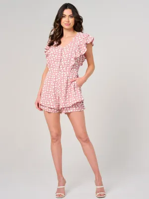 WOMEN'S SHORT SLEEVE V-NECK FRONT POCKETS BUTTON UP RUFFLE ROMPER