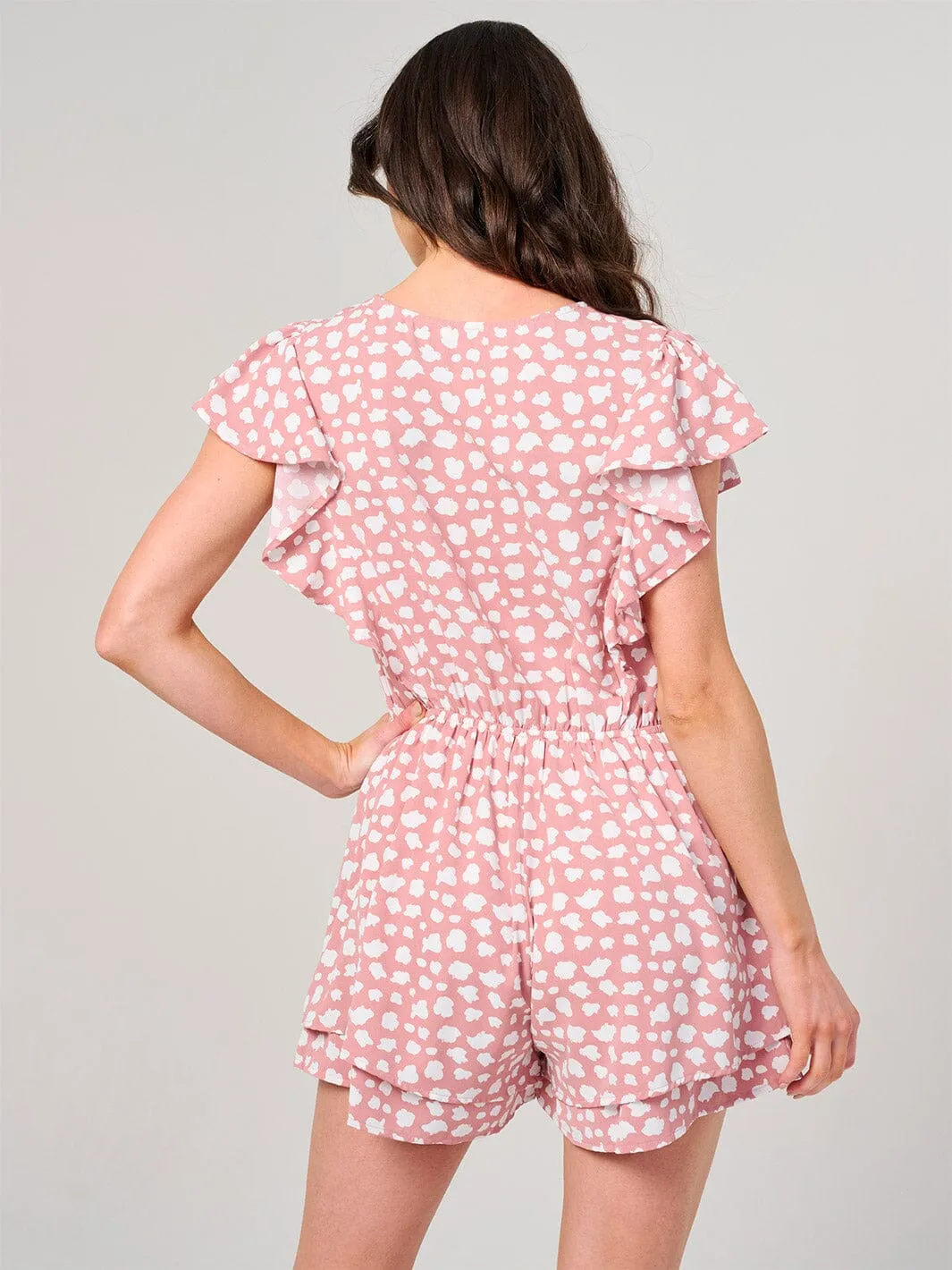 WOMEN'S SHORT SLEEVE V-NECK FRONT POCKETS BUTTON UP RUFFLE ROMPER
