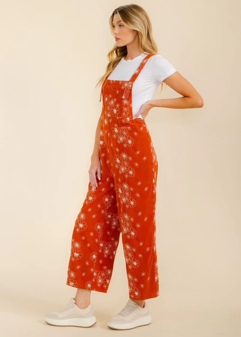 WOMEN'S SLEEVELESS CORDUROY FRONT POCKETS WIDE LEG FLORAL OVERALL