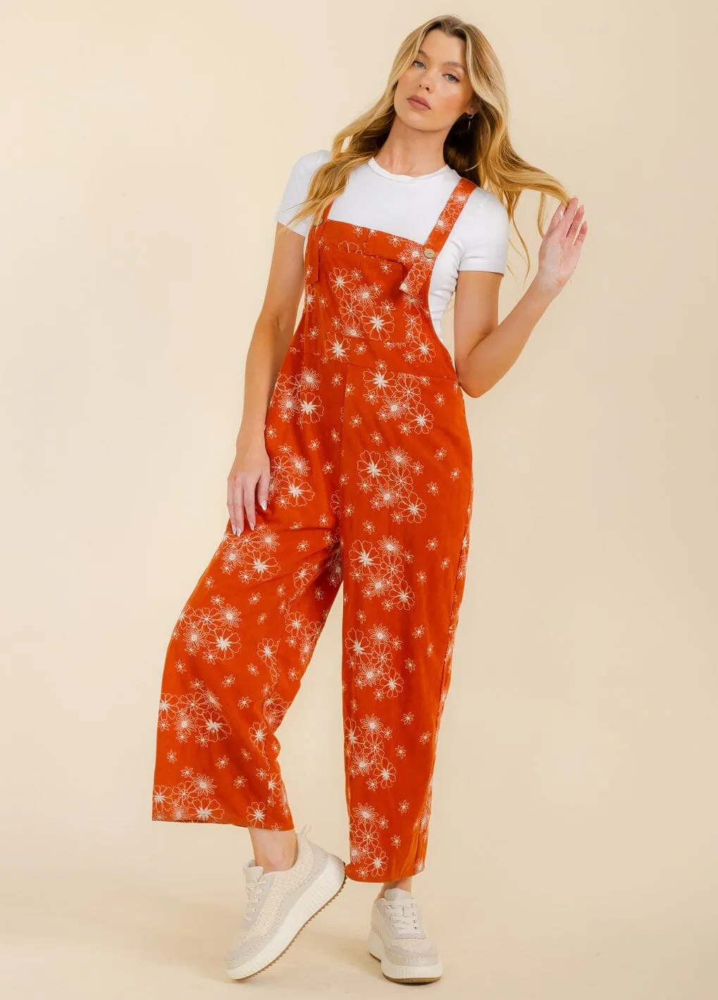 WOMEN'S SLEEVELESS CORDUROY FRONT POCKETS WIDE LEG FLORAL OVERALL