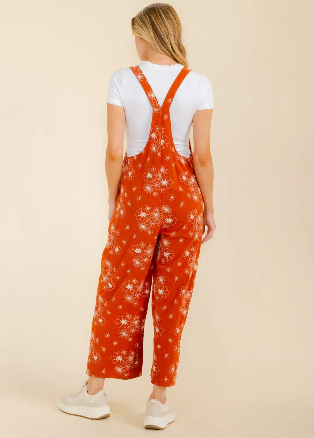 WOMEN'S SLEEVELESS CORDUROY FRONT POCKETS WIDE LEG FLORAL OVERALL