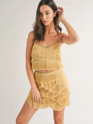 WOMEN'S SLEEVELESS CROP TOP & ZIP UP MINI SKIRT FRINGE DETAILED 2PC SET