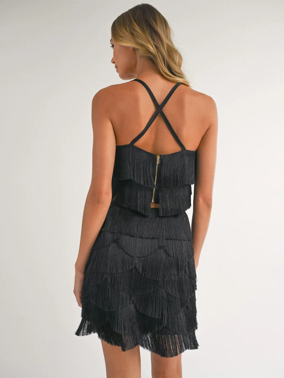 WOMEN'S SLEEVELESS CROP TOP & ZIP UP MINI SKIRT FRINGE DETAILED 2PC SET