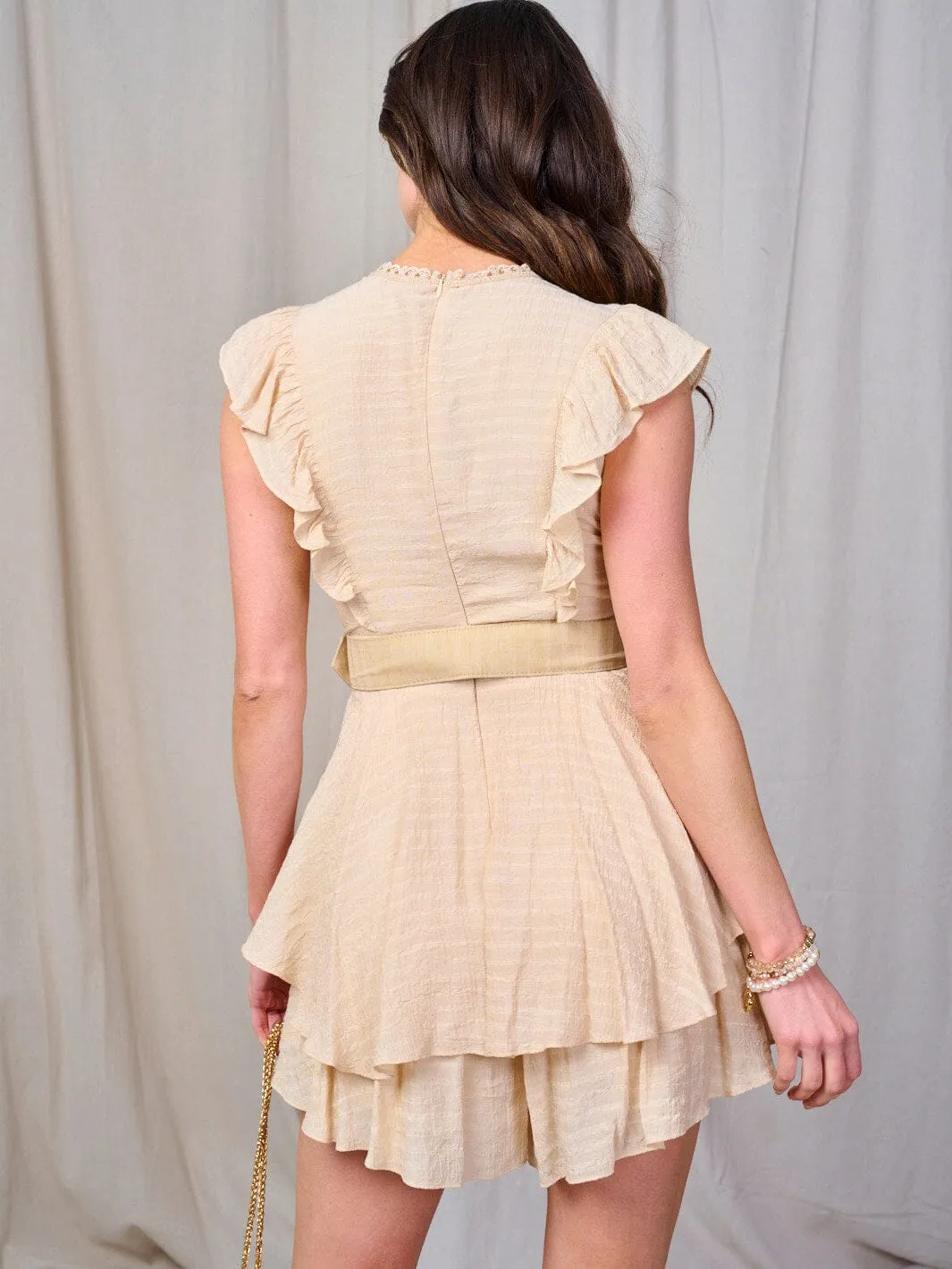 WOMEN'S SLEEVELESS FRONT BELT RUFFLE TIERED ROMPER
