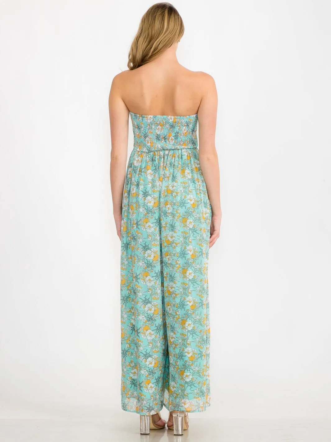 WOMEN'S SLEEVELESS FRONT POCKETS SMOCK WIDE LEG FLORAL JUMPSUIT