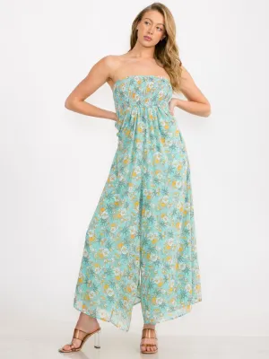WOMEN'S SLEEVELESS FRONT POCKETS SMOCK WIDE LEG FLORAL JUMPSUIT