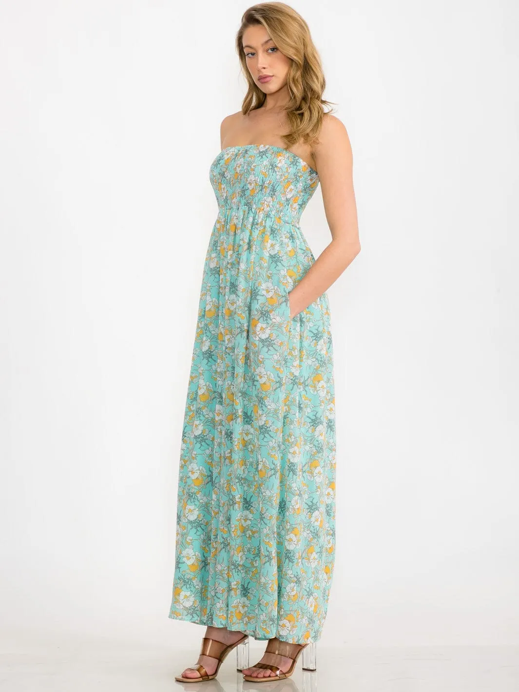 WOMEN'S SLEEVELESS FRONT POCKETS SMOCK WIDE LEG FLORAL JUMPSUIT