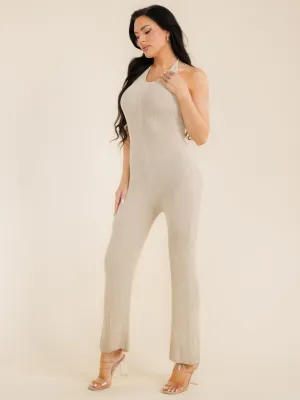 WOMEN'S SLEEVELESS HALTER NECK OPEN BACK KNIT JUMPSUIT