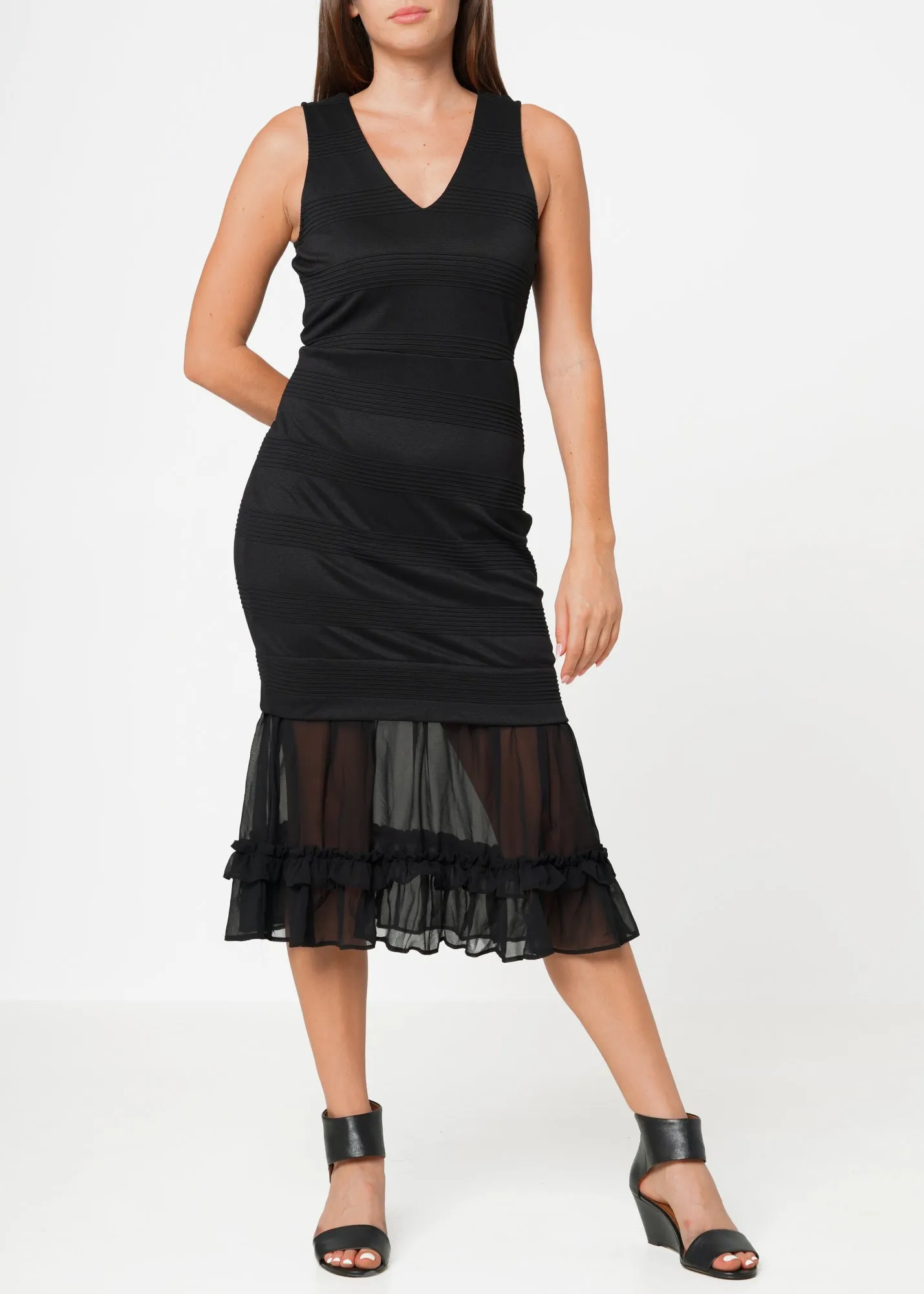 Women's Sleeveless V-neck Sheer Ruffle Hem Bodycon Dress In Black