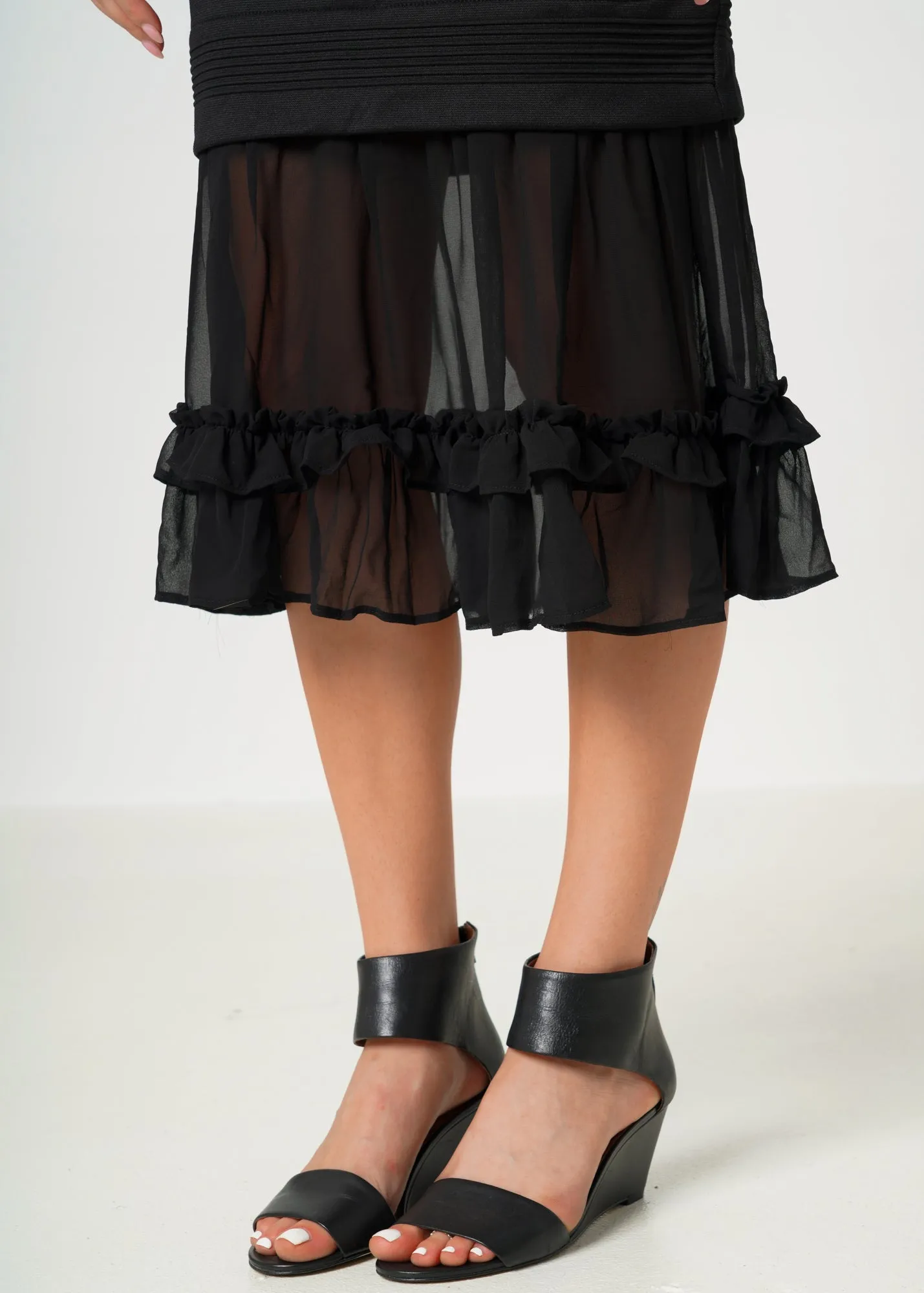 Women's Sleeveless V-neck Sheer Ruffle Hem Bodycon Dress In Black