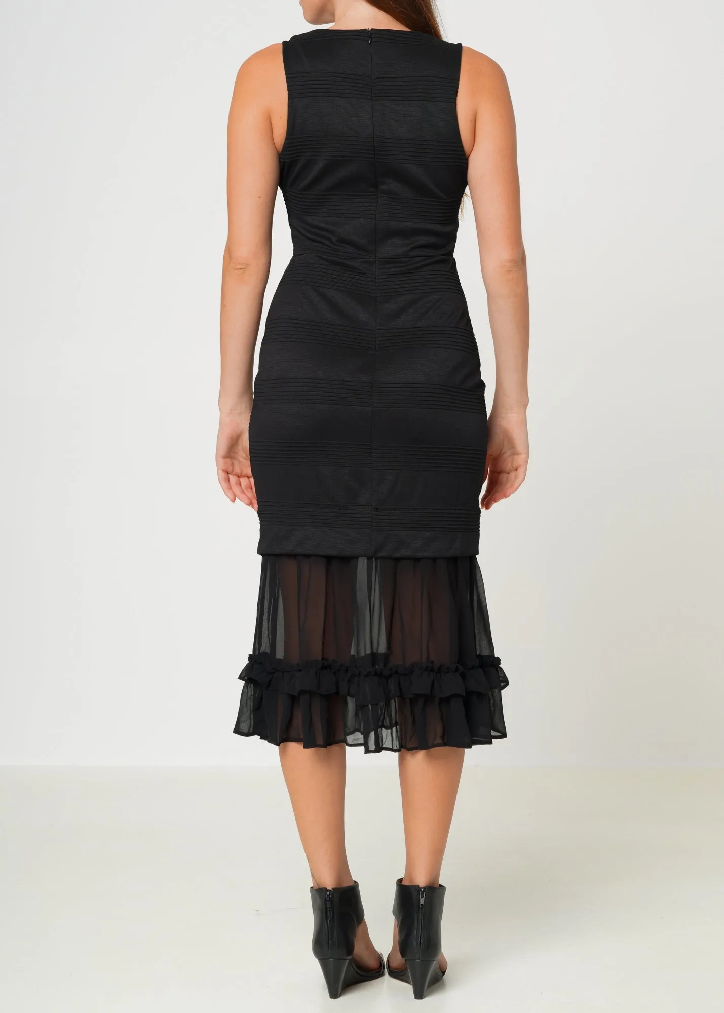 Women's Sleeveless V-neck Sheer Ruffle Hem Bodycon Dress In Black