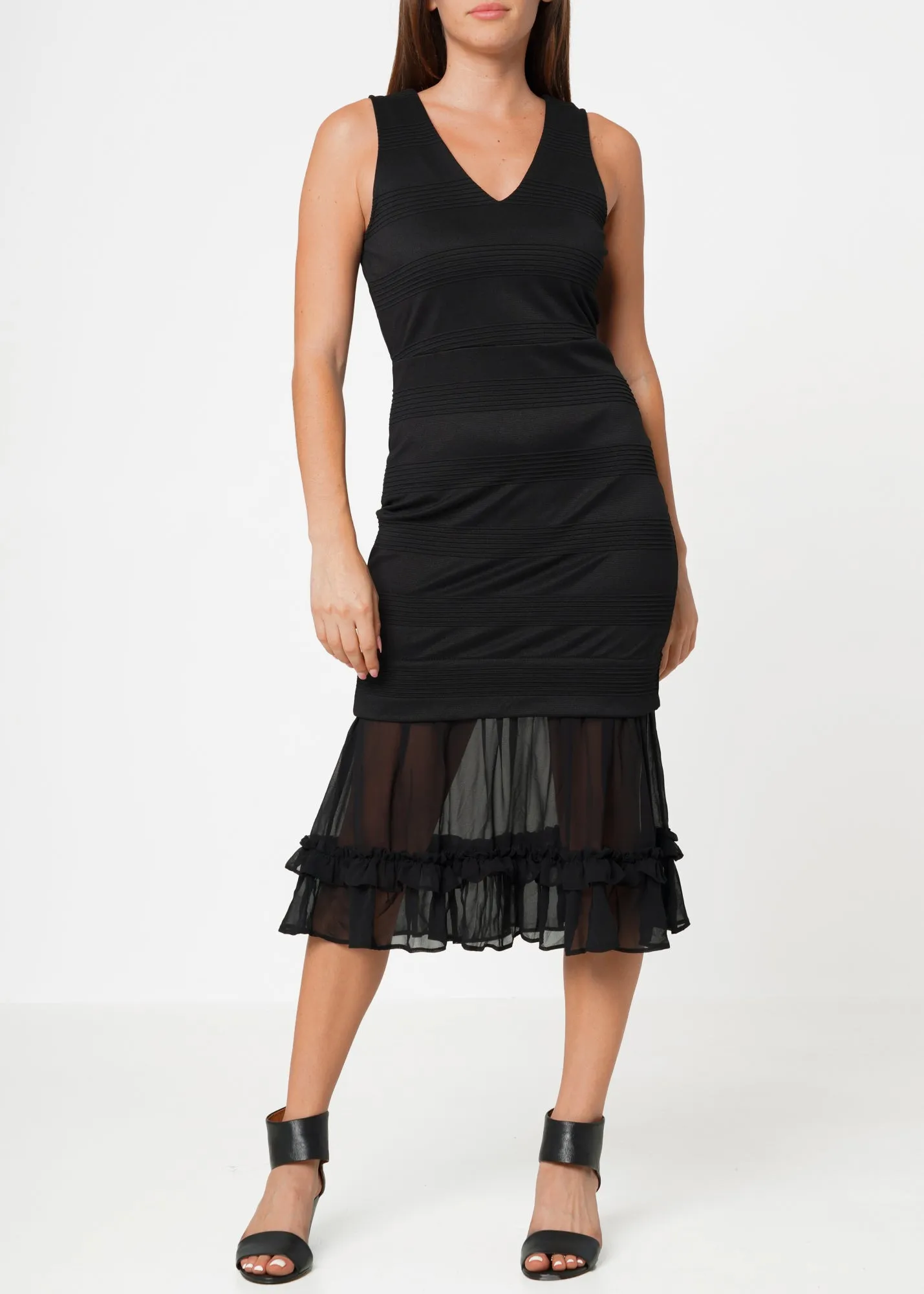 Women's Sleeveless V-neck Sheer Ruffle Hem Bodycon Dress In Black