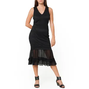 Women's Sleeveless V-neck Sheer Ruffle Hem Bodycon Dress In Black