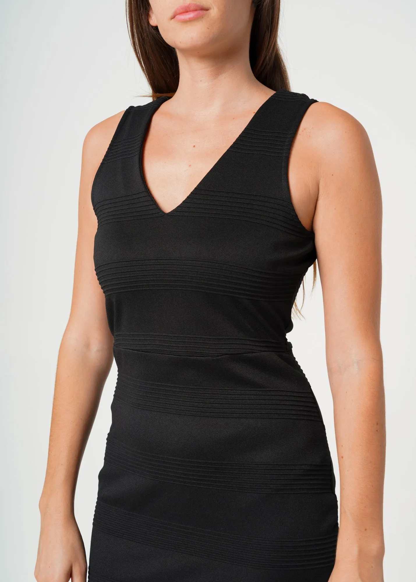 Women's Sleeveless V-neck Sheer Ruffle Hem Bodycon Dress In Black