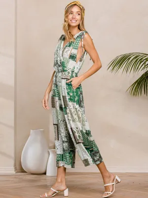 WOMEN'S SLEEVELESS V-NECK SURPLICE POCKETS MULTI PRINT JUMPSUIT