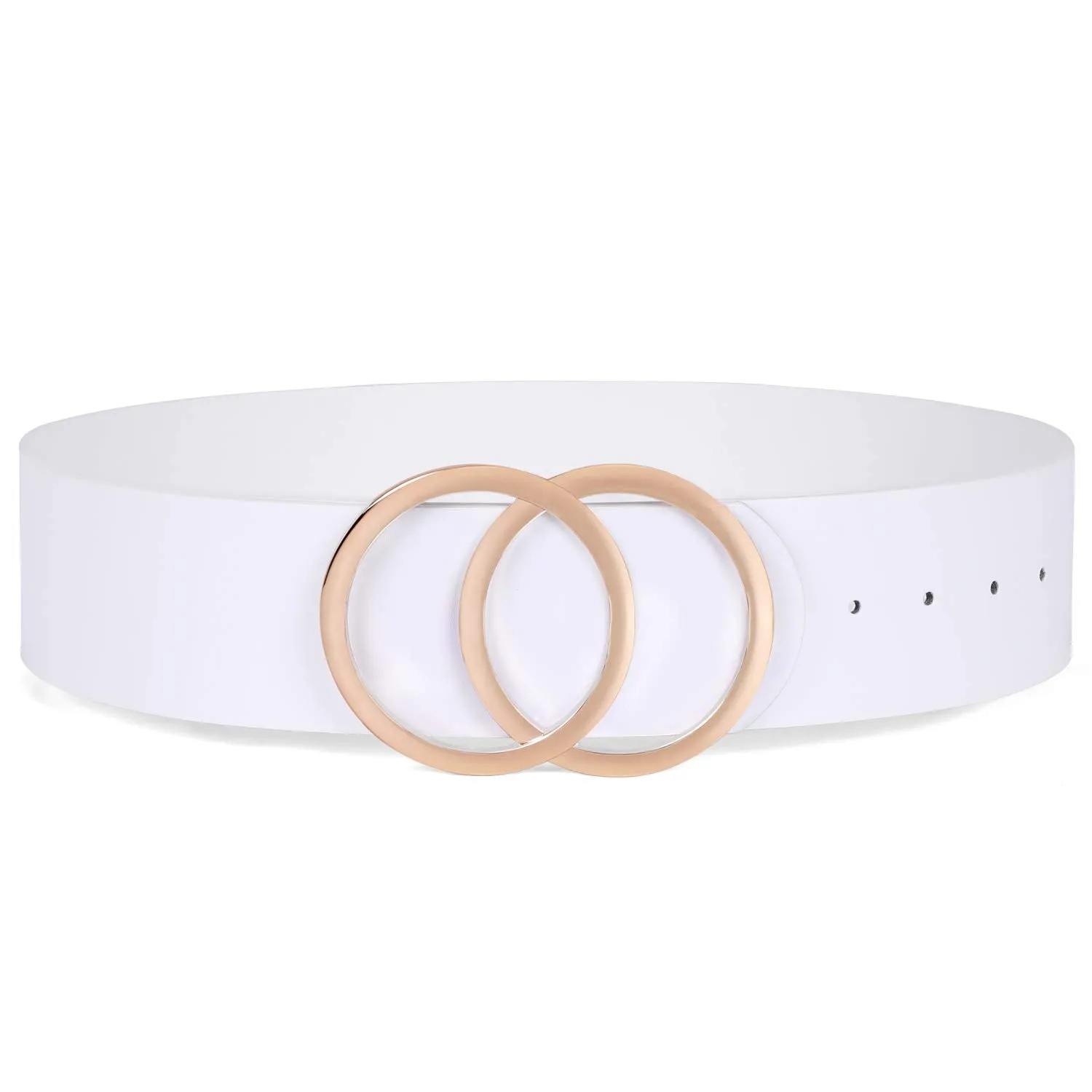 Womens White Leather Belt for Dresses, Fashion Wide Waist Belts for Women With Gold Double O-Ring Buckle