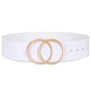 Womens White Leather Belt for Dresses, Fashion Wide Waist Belts for Women With Gold Double O-Ring Buckle